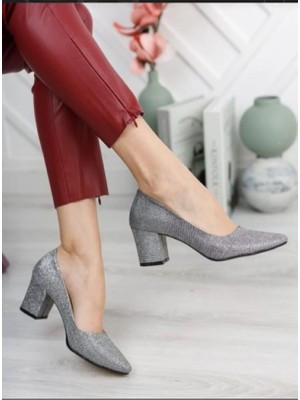 Kadın Ayakkabı Simli Sitiletto Cupra Kısa Topuklu Klasik Ayakkabı 5 cm Siyah Simli