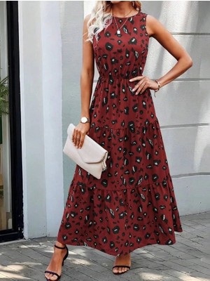 Defy Moda Kadın Kolsuz Bisiklet Yaka Beli Lastikli Desenli Süprem Elbise