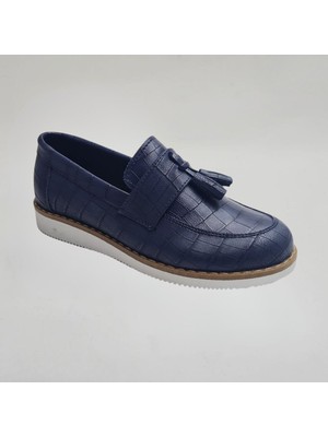 Erkek Çocuk Lacivert Kroko Loafer Ayakkabı - Fiyonklu Kaymaz Taban