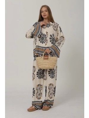 Defy Moda Desenli Kolları Volanlı Pantolon Takım - Antrasit