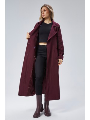 Bolivente Kadın Oversize Kuşaklı Trençkot Bordo Renk Gömlek Yaka 100% Polyester Rahat Kalıp