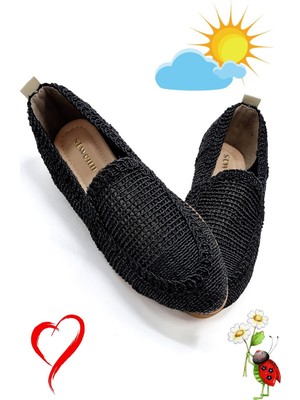 Stwenn NMODA Kadın Örme Babet Ayakkabı Siyah Suni Deri ve Tekstil Düz Tabanlı Rahat Günlük Kullanım