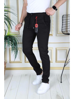 Erkek Siyah Slim Fit Esnek Likralı Armürlü Keten Pantolon Bağcıklı Kemerli Beli Lastikli Şık Pantolon