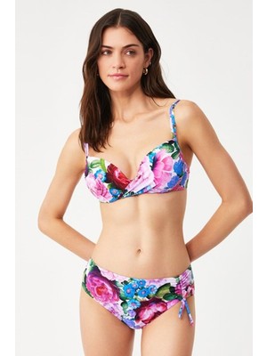 Kom Push Up Dolgulu Kaplı Telli Fıo Pembe Desenli Toparlayıcı Bikini Takımı