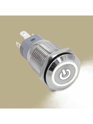 Robiz 16MM Metal Buton Beyaz Power Uyumlu  Sembol LED Işıklı Panel Montaj Düz Kafa Kilitlemeli Dc 6A 12V