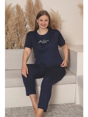 Charme Kadın Büyük Beden Bisiklet Yaka Milan Likralı Kısa Kol Pijama Takımı K601/254 - 1 Adet