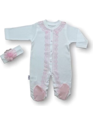 3-6 6-9 Ay Dantelli Boydan Çıtçıtlı Bandanalı Patikli Uzun Kollu Kız Bebek Tulumu Ekru