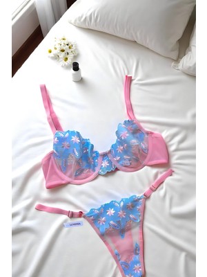 Pembe Çiçekli Tül Brode Sütyen Takım (Sütyen & Tanga)