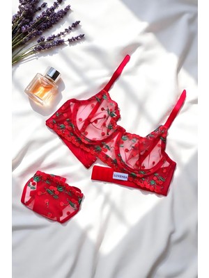 Kırmızı Kirazlı Tül Brode Sütyen Takım (Sütyen & Tanga)
