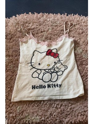 Beyaz Hello Kitty Bear Cub Y2K Askılı Crop
