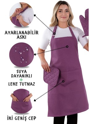 Sevilya Simple 3'lü Set Ayar Askılı Cepli Mutfak Önlüğü Seti (Eldiven Tutacak) Şef Garson Kafe Aşçı Barista