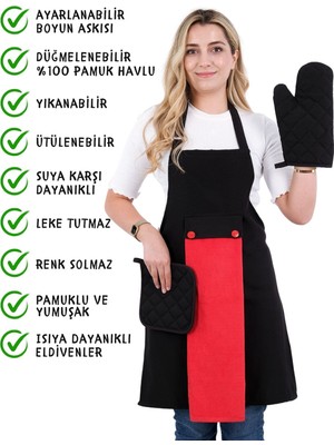Sevilya Star 4lü Set Ayarlanabilir Askılı Mutfak Önlüğü Seti (ELDİVEN TUTACAK)