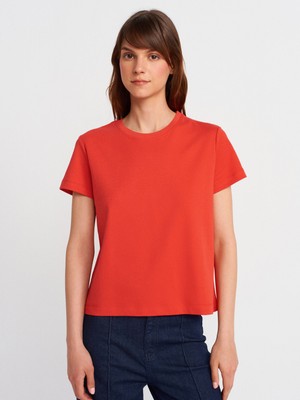 31757 Bisiklet Yaka Dikiş Detaylı T-Shirt-Kırmızı