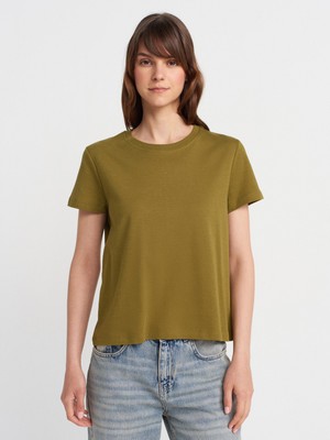 31757 Bisiklet Yaka Dikiş Detaylı T-Shirt-Yağ Yeşil