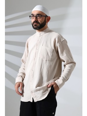 Erkek Hakim Yaka Uzun Kollu Düğmeli Müslin Gömlek Bej