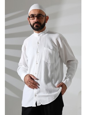 Erkek Hakim Yaka Uzun Kollu Düğmeli Müslin Gömlek Beyaz
