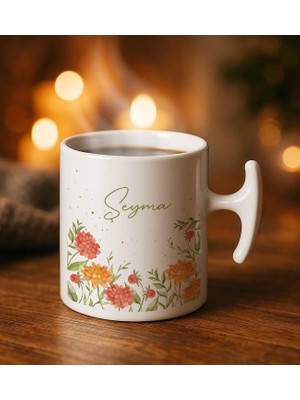 Bk Gift Kişiye Özel Isimli Çiçek Tasarımlı Hammer Kulplu Beyaz Kupa Bardak-4, Arkadaşa Hediye, Sevgiliye Hediye, Doğum Günü Hediyesi