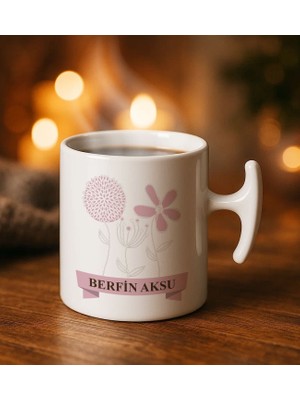 Bk Gift Kişiye Özel Isimli Çiçek Tasarımlı Hammer Kulplu Beyaz Kupa Bardak-18, Arkadaşa Hediye, Sevgiliye Hediye, Doğum Günü Hediyesi