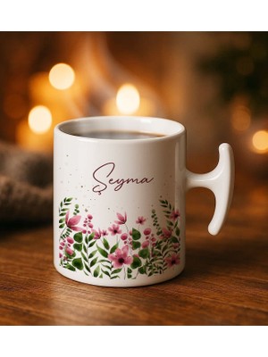 Bk Gift Kişiye Özel Isimli Çiçek Tasarımlı Hammer Kulplu Beyaz Kupa Bardak-5, Arkadaşa Hediye, Sevgiliye Hediye, Doğum Günü Hediyesi