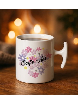Bk Gift Kişiye Özel Isimli Çiçek Tasarımlı Hammer Kulplu Beyaz Kupa Bardak-17, Arkadaşa Hediye, Sevgiliye Hediye, Doğum Günü Hediyesi
