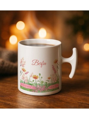 Bk Gift Kişiye Özel Isimli Çiçek Tasarımlı Hammer Kulplu Beyaz Kupa Bardak-14, Arkadaşa Hediye, Sevgiliye Hediye, Doğum Günü Hediyesi