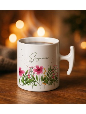 Bk Gift Kişiye Özel Isimli Çiçek Tasarımlı Hammer Kulplu Beyaz Kupa Bardak-6, Arkadaşa Hediye, Sevgiliye Hediye, Doğum Günü Hediyesi