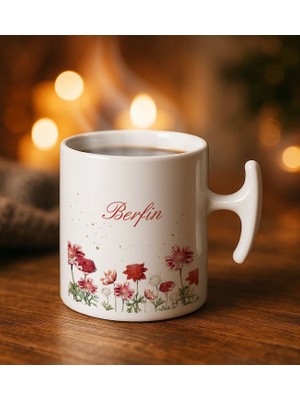 Bk Gift Kişiye Özel Isimli Çiçek Tasarımlı Hammer Kulplu Beyaz Kupa Bardak-9, Arkadaşa Hediye, Sevgiliye Hediye, Doğum Günü Hediyesi