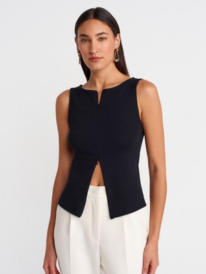 31764 Fermuar Detaylı Top-Siyah
