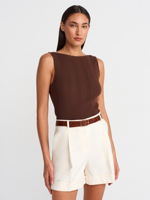 10764 Kayık Yaka Fitilli Triko Bluz-Kahve