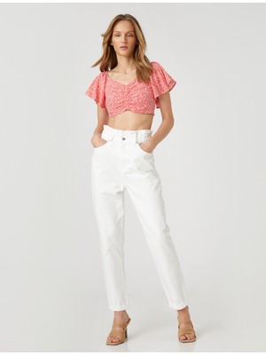Çiçekli Crop Bluz Büzgü Detaylı Kolları Volanlı