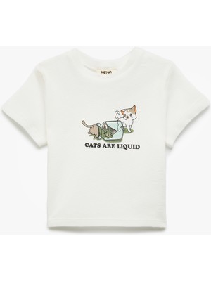 Koton Bisiklet Yaka Kısa Kollu Kedi Baskılı Pamuklu Tişört