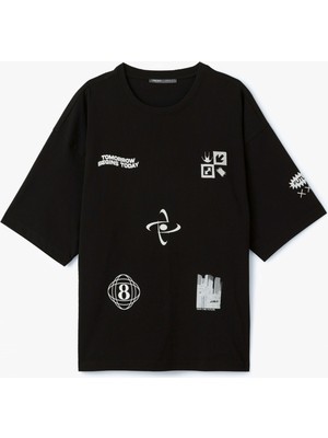 Koton Kısa Kollu Bisiklet Yaka Pamuklu Tok Kumaş Arkası Baskılı Oversize Tişört