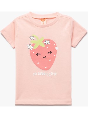 Koton Pamuklu Kısa Kollu Skinny Fit Bisiklet Yaka Çilek Baskılı Tişört