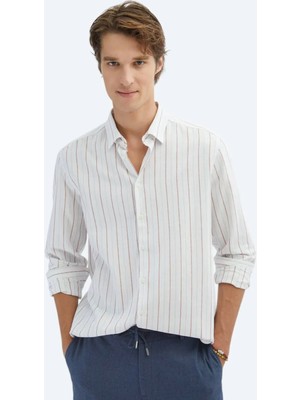 Kiremit Çizgili Regular Fit Dokuma Casual %100 Pamuk Gömlek