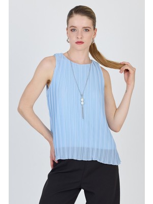 Mavi Pileli Kolye Aksesuar Detaylı Kolsuz Bluz 220
