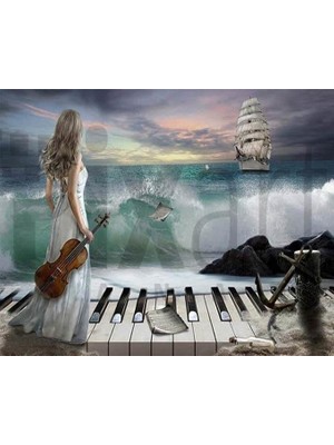 Müzik Kadın Dalgalar 40*30CM   Pixart Sanat Elmas Mozaik Tablo Diamond Türkiye