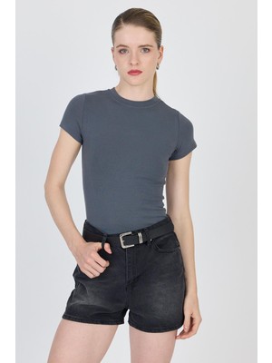 Antrasit Bisiklet Yaka Viskoz/yumuşak Kumaş Slim Fit Tişört 1468