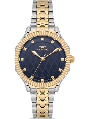 Ferro FL21632AWT-D3 Quartz Çelik Altın/gri Lacivert Kadran 32 mm Kadın Kol Saati