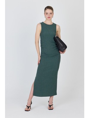 Yeşil Bisiklet Yaka Yanları Büzgülü Uzun Elbise 1489