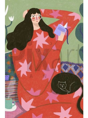 PixArt Kitap Okuyan Kirmizi Elbiseli Kadin 40 x 50 Elmas Mozaik Tablo