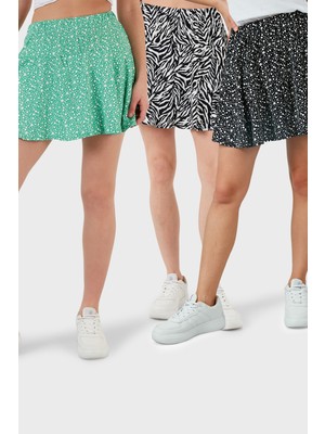 Lela Desenli Beli Lastikli Slim Fit Mini 3'lü Paket Şort Etek Bayan ŞORT ETEK 5864024S3