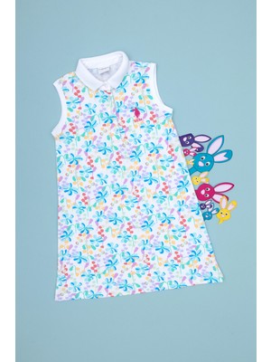 U.S. Polo Assn. Kız Çocuk Beyaz Polo Yaka Kolsuz Çiçek Desenli Örme Elbise 50305225-VR013