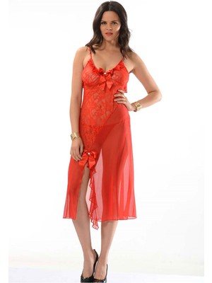 Kırmızı Dantelli Şifon Gecelik - 202