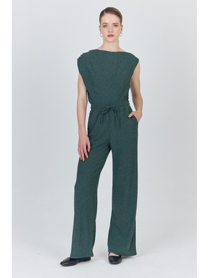 Yeşil Asimetrik Omuz Detaylı Bluz ve Geniş Paça Pantolon Takım 1491