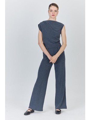 Mavi Asimetrik Omuz Detaylı Bluz ve Geniş Paça Pantolon Takım 1491