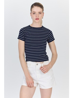 Lacivert Çizgili Pamuklu Crop Tişört 4014