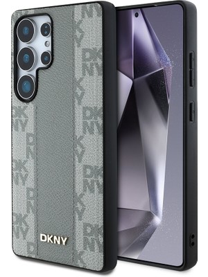 Galaxy S25 Ultra Kılıf Dkny Lisanslı M-Safe Şarj Özellikli 3D Yazılı Checkered Pattern Kapak Bej