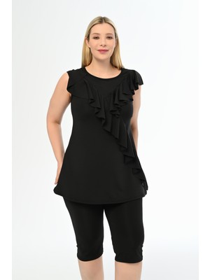 AQUAVİVA Kadın Siyah Büyük Beden Önü Volanlı Taytlı Tankini Rahat Kullanım İçin Tasarlandı