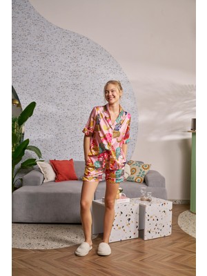 Saten Kısa Kollu Gecelik Leopashion Desen Alt Üst Takım