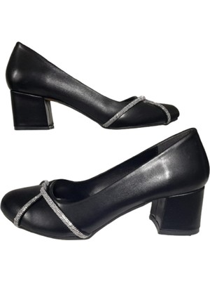 Nirvana Kadın Büyük Beden Taşlı Siyah Şık Klasik Topuklu Ayakkabı